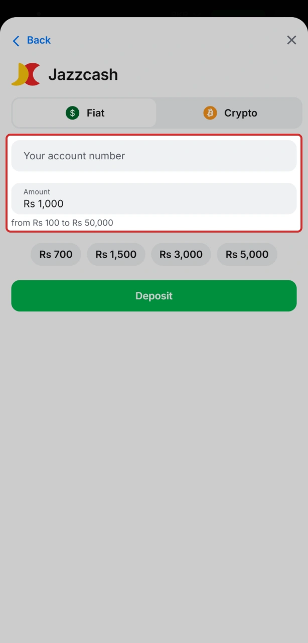 Enter the deposit amount in Pakistani Rupees to start your Aviator journey.