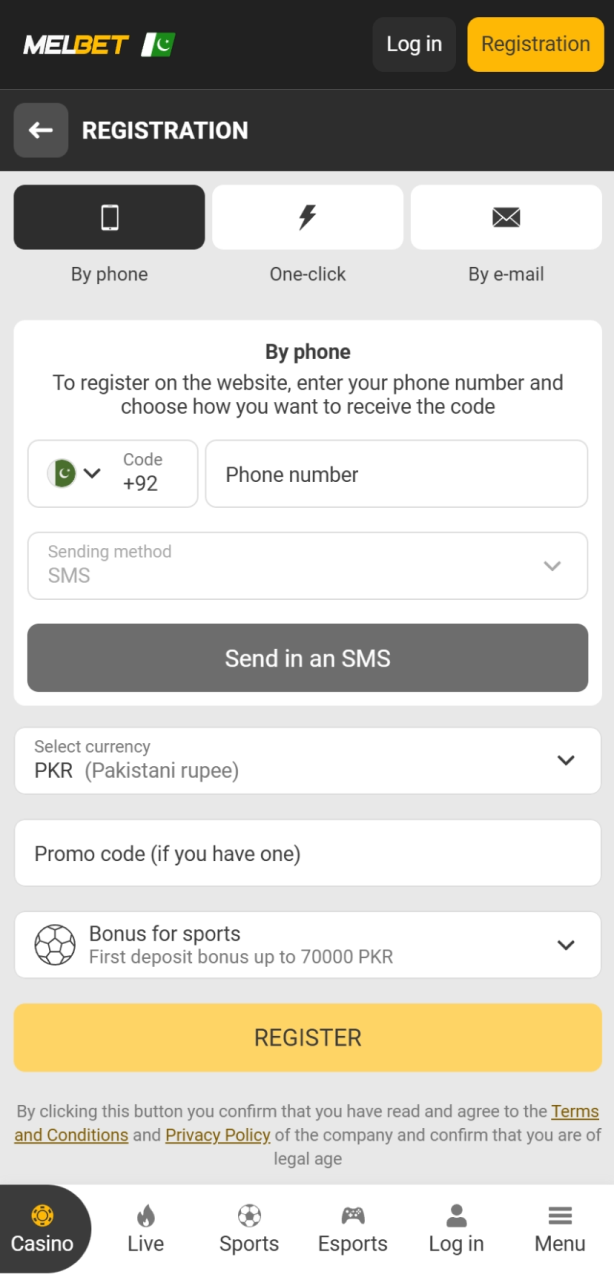 Click Registration and complete all fields to join Melbet Aviator.