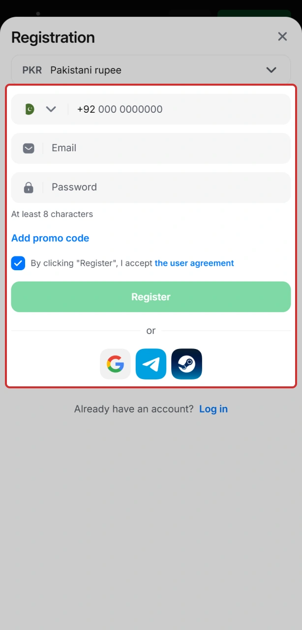 Select Method to choose your preferred way to join Aviator.
