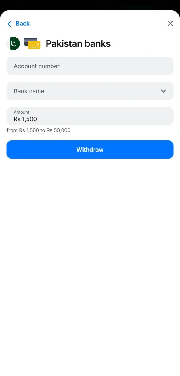 Enter the withdrawal amount from your Aviator winnings in Pakistan.